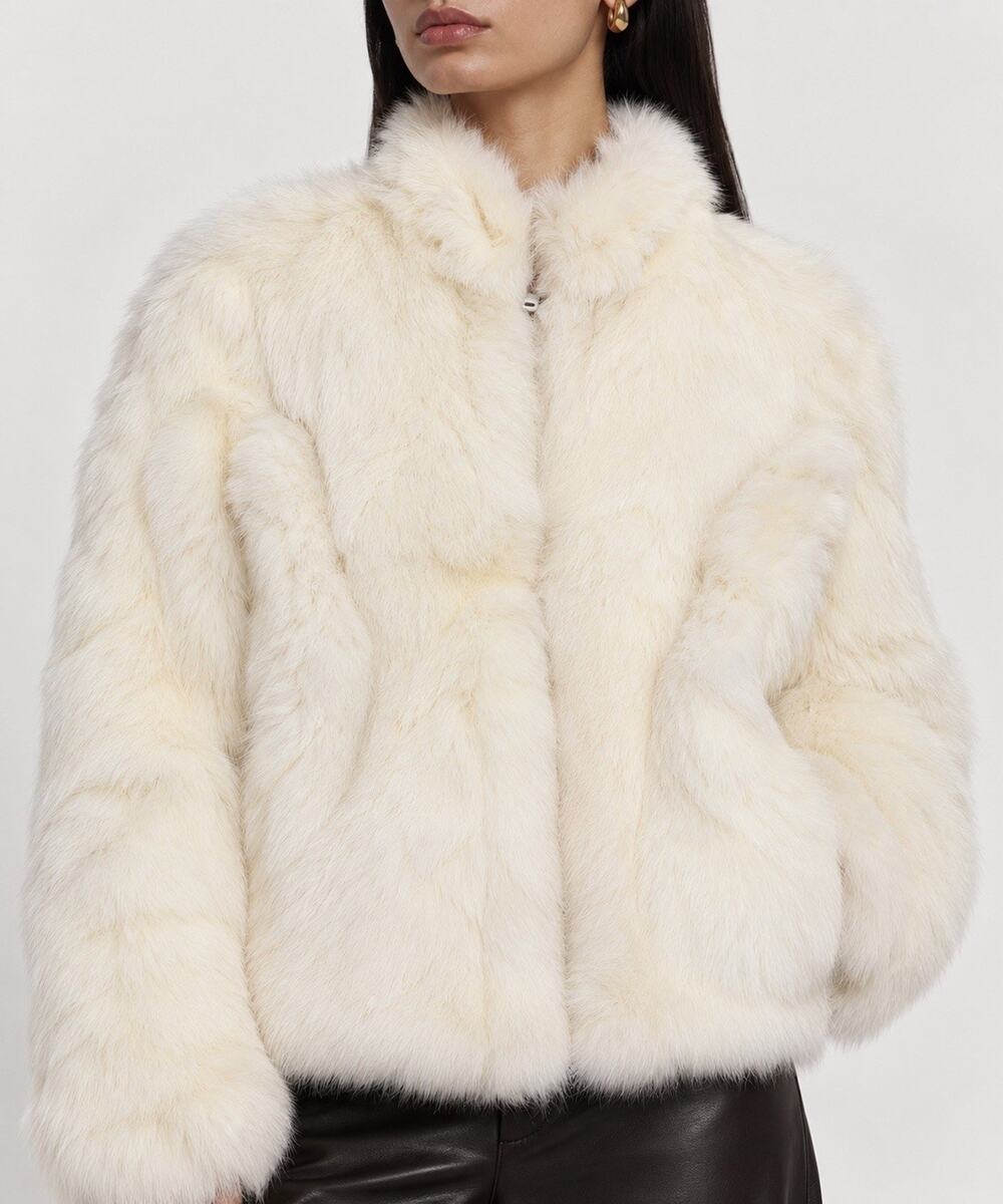 Ivory 100% Real Rabbit Fur Cropped Jacket Coat Zip Front XS